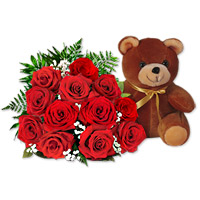 1 Dozen Red Roses Bouquet + Teddy