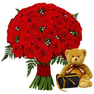 50 Red Roses with Teddy & Chocolates